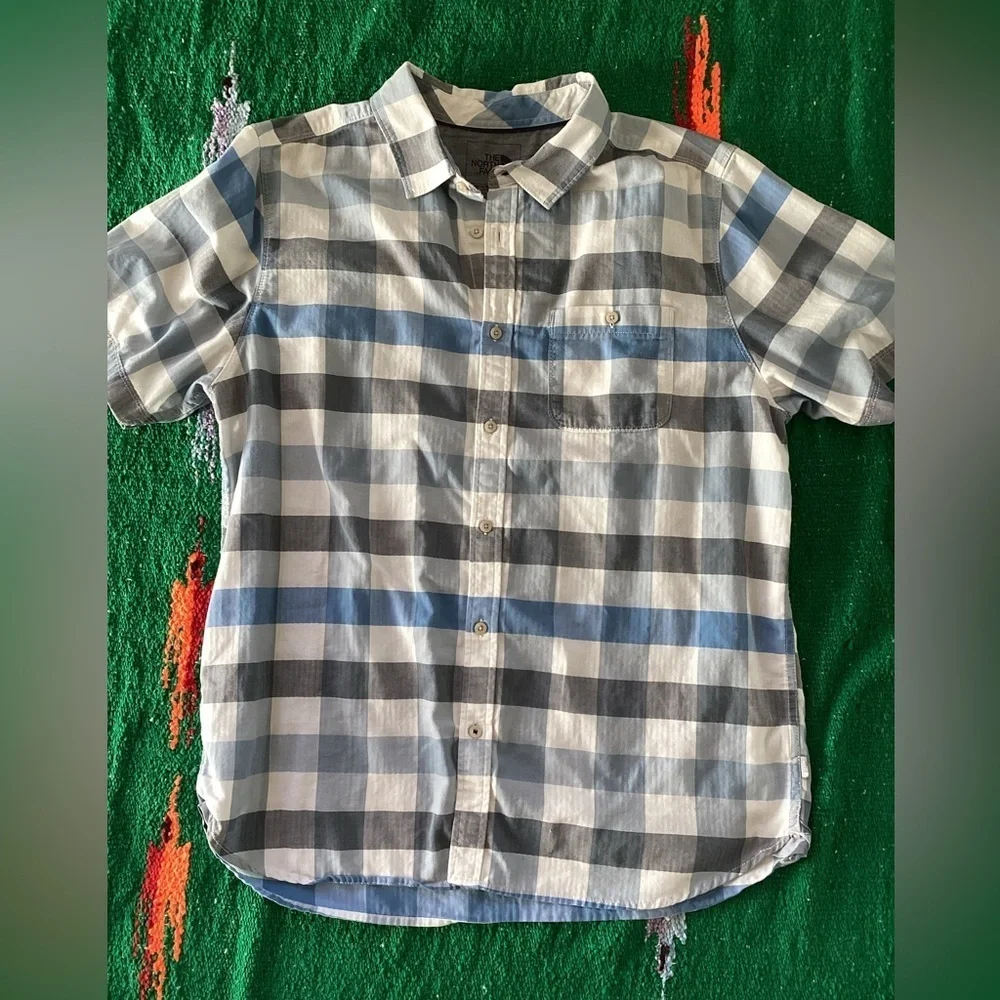 The North Face Shirt Mens  XL Blue Check Short Sleeve Button Up Pocket